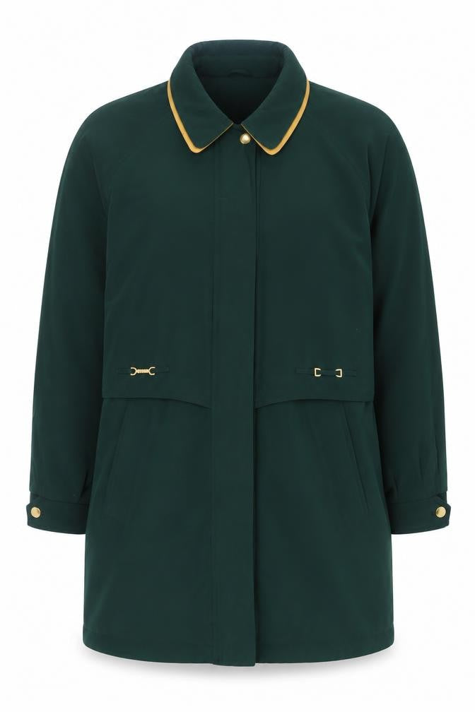 Front view of David Barry women’s green parka jacket, size UK 18, zip