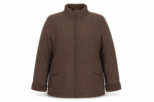 Front view of EWM women’s brown jacket, size UK 18, zip