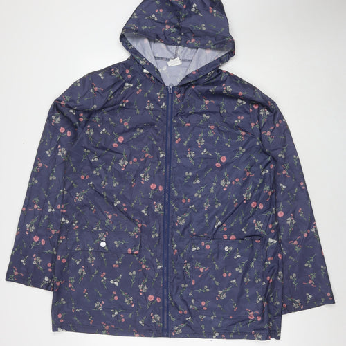 Anne de Lancey Womens Blue Floral Rain Coat Jacket Size L Zip