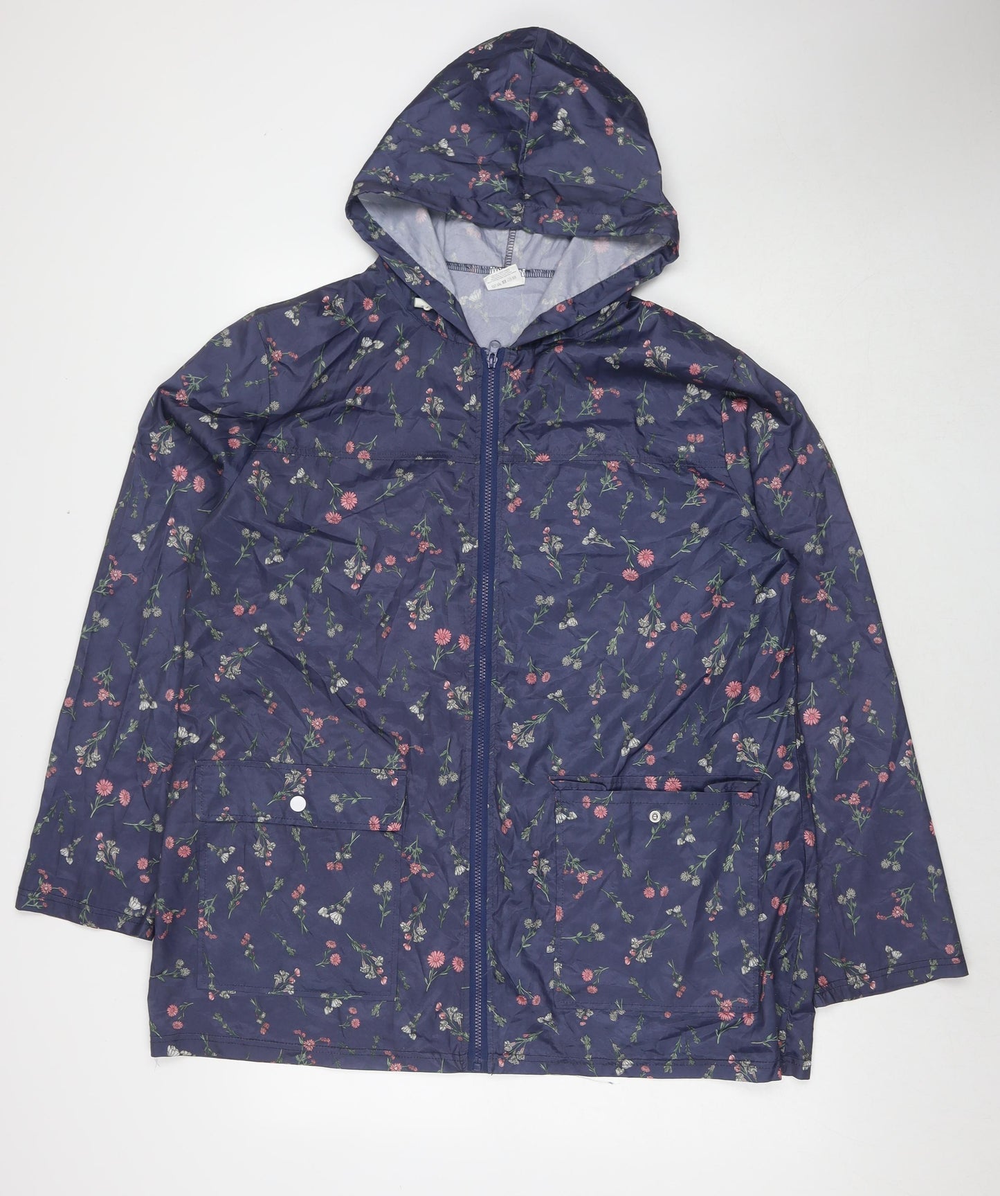 Anne de Lancey Womens Blue Floral Rain Coat Jacket Size L Zip