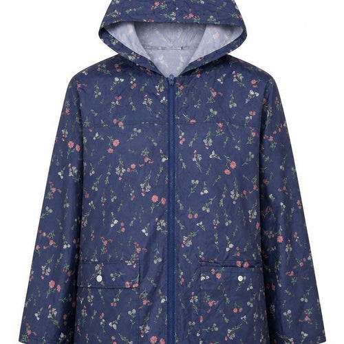 Anne de Lancey Womens Blue Floral Rain Coat Jacket Size L Zip