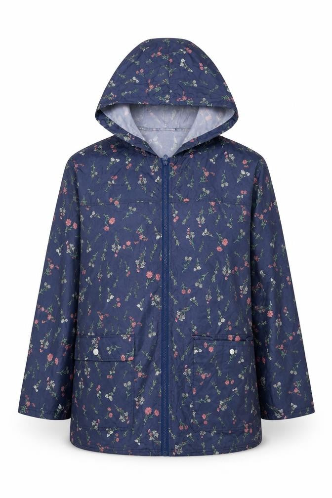 Anne de Lancey Womens Blue Floral Rain Coat Jacket Size L Zip