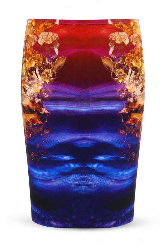 Front view of QMC women’s multicoloured geometric viscose bandage skirt, size M, zip