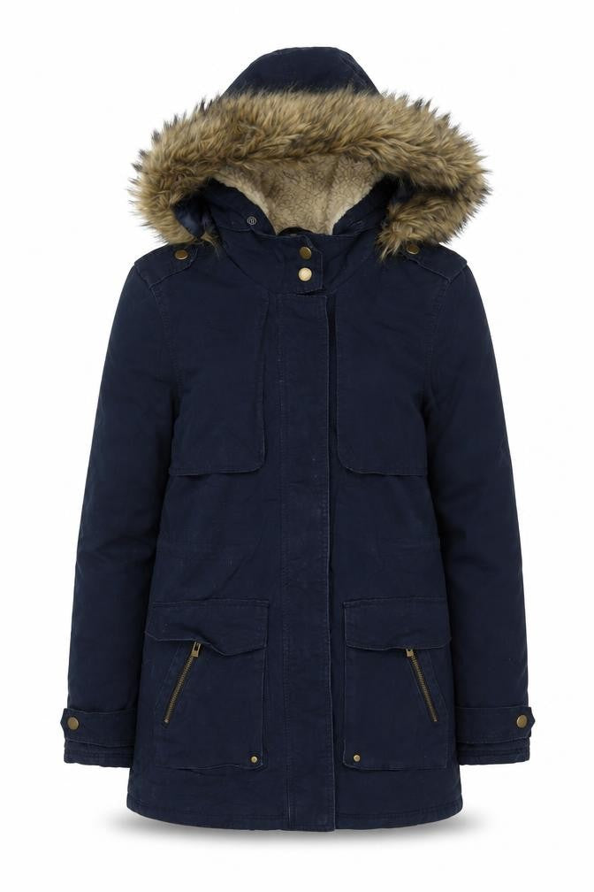 Front view of New Look women’s blue parka jacket, size UK 6, zip