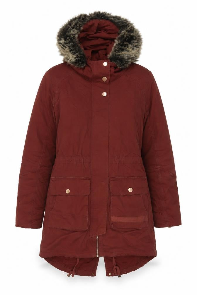 Front view of Twik women’s brown parka coat, size S, zip