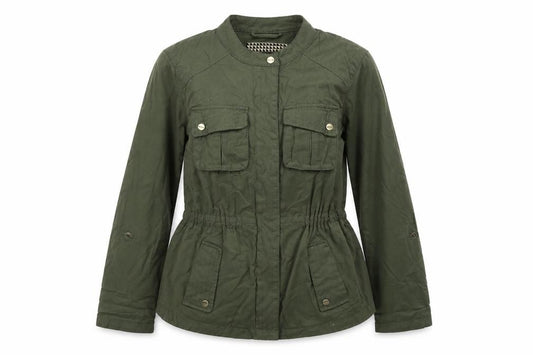 Front view of Principles women’s green parka jacket, size UK 8, zip