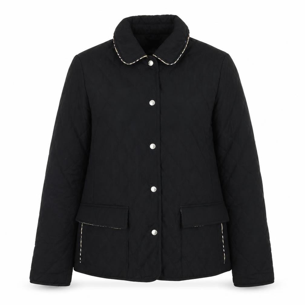 Front view of David Barry women’s black quilted jacket, size UK 10, snap