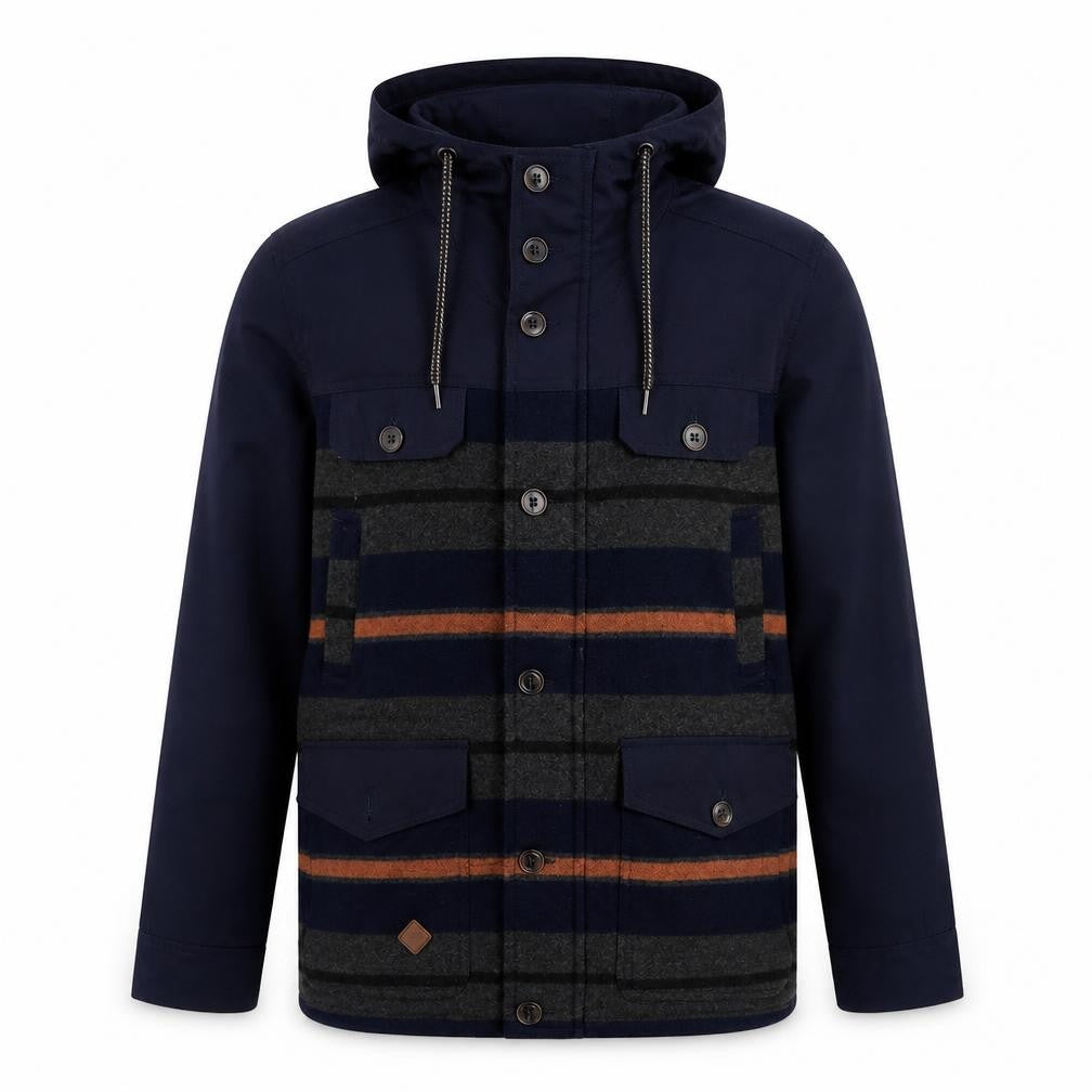 Front view of Bellfield men’s blue striped parka jacket, size M, zip