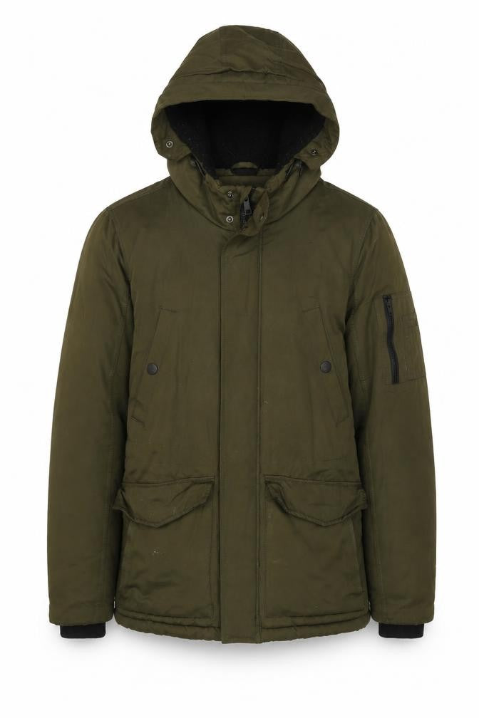 Front view of Next men’s green parka jacket, size XS, zip