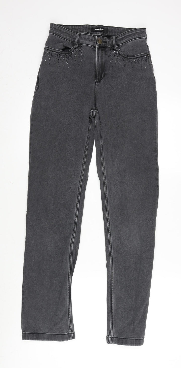 Marks and Spencer Womens Grey Cotton Blend Straight Jeans Size 8 L30 in Regular Zip - Gemstone Detail