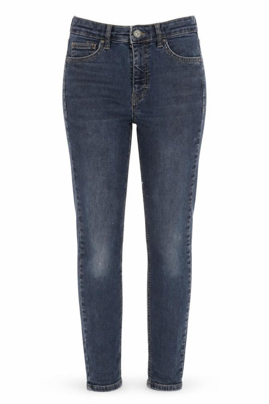 Front view of Topshop women’s blue cotton blend tapered jeans, size UK 26, in, 26-inch leg regular zip