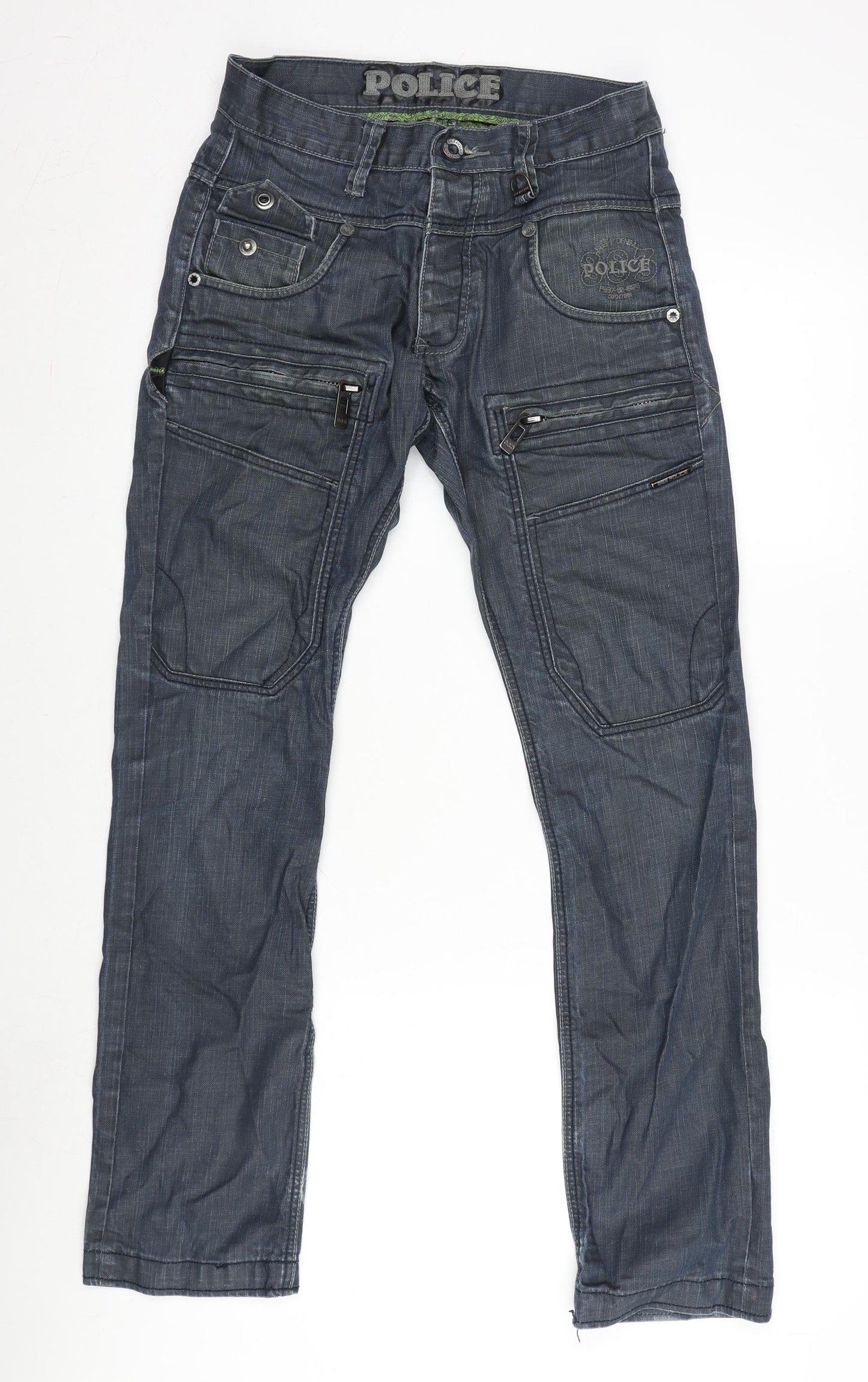 Police Mens Blue Cotton Bootcut Jeans Size 28 in L30 in Regular Button