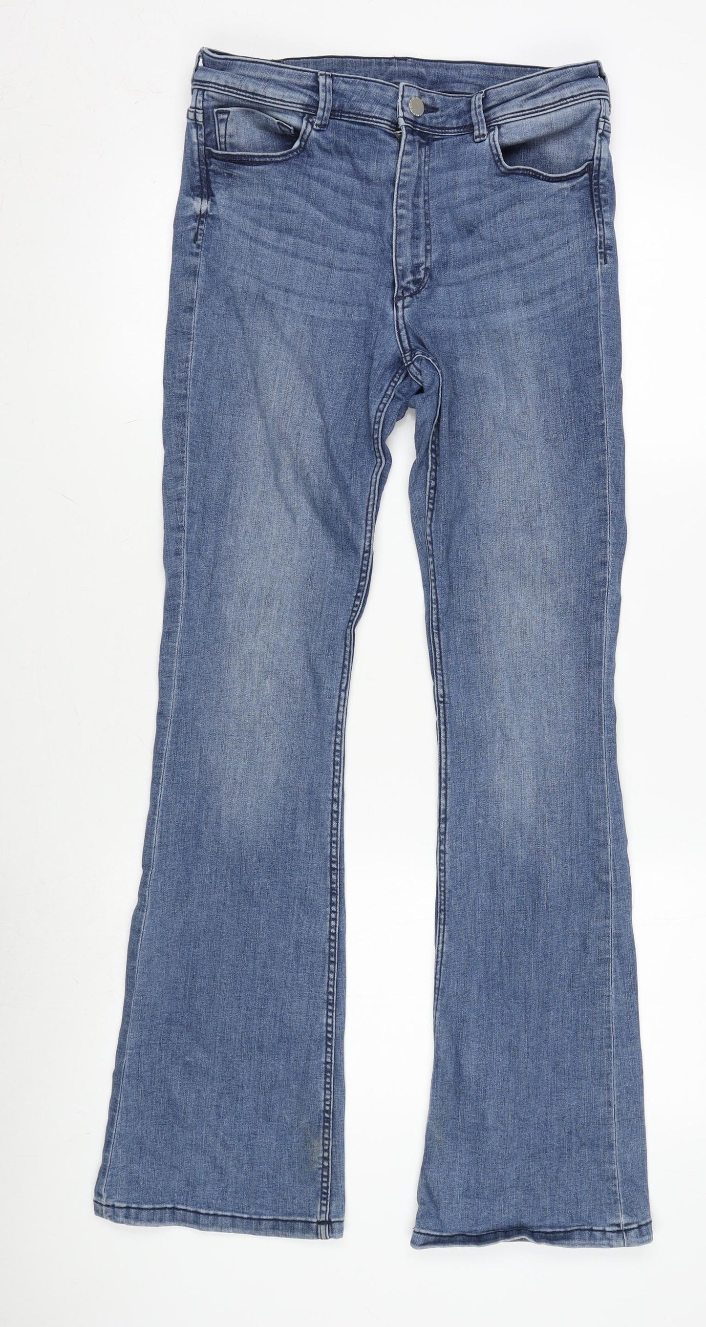H&M Womens Blue Cotton Blend Bootcut Jeans Size 12 L31 in Regular Zip