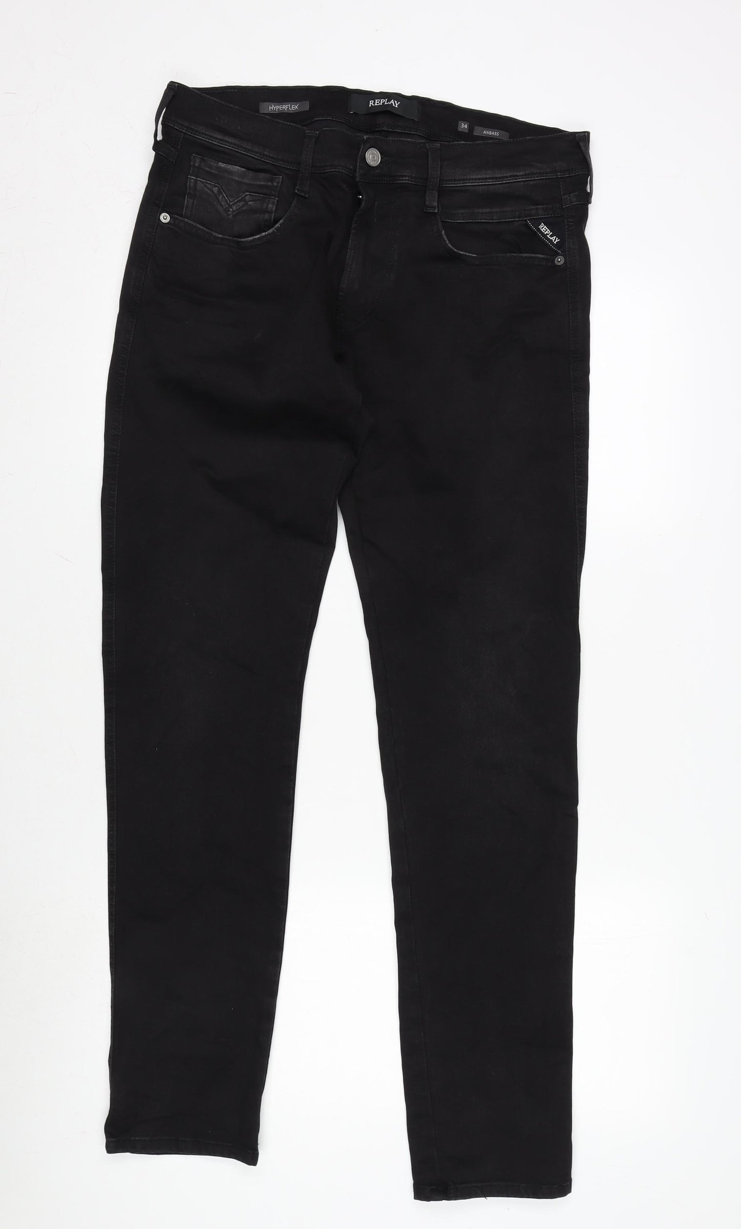 Replay Mens Black Polyester Straight Jeans Size 34 in L31 in Regular Zip