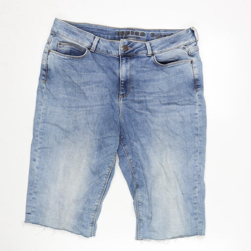 Marks and Spencer Womens Blue Cotton Bermuda Shorts Size 14 L14 in Regular Zip - Raw Hem