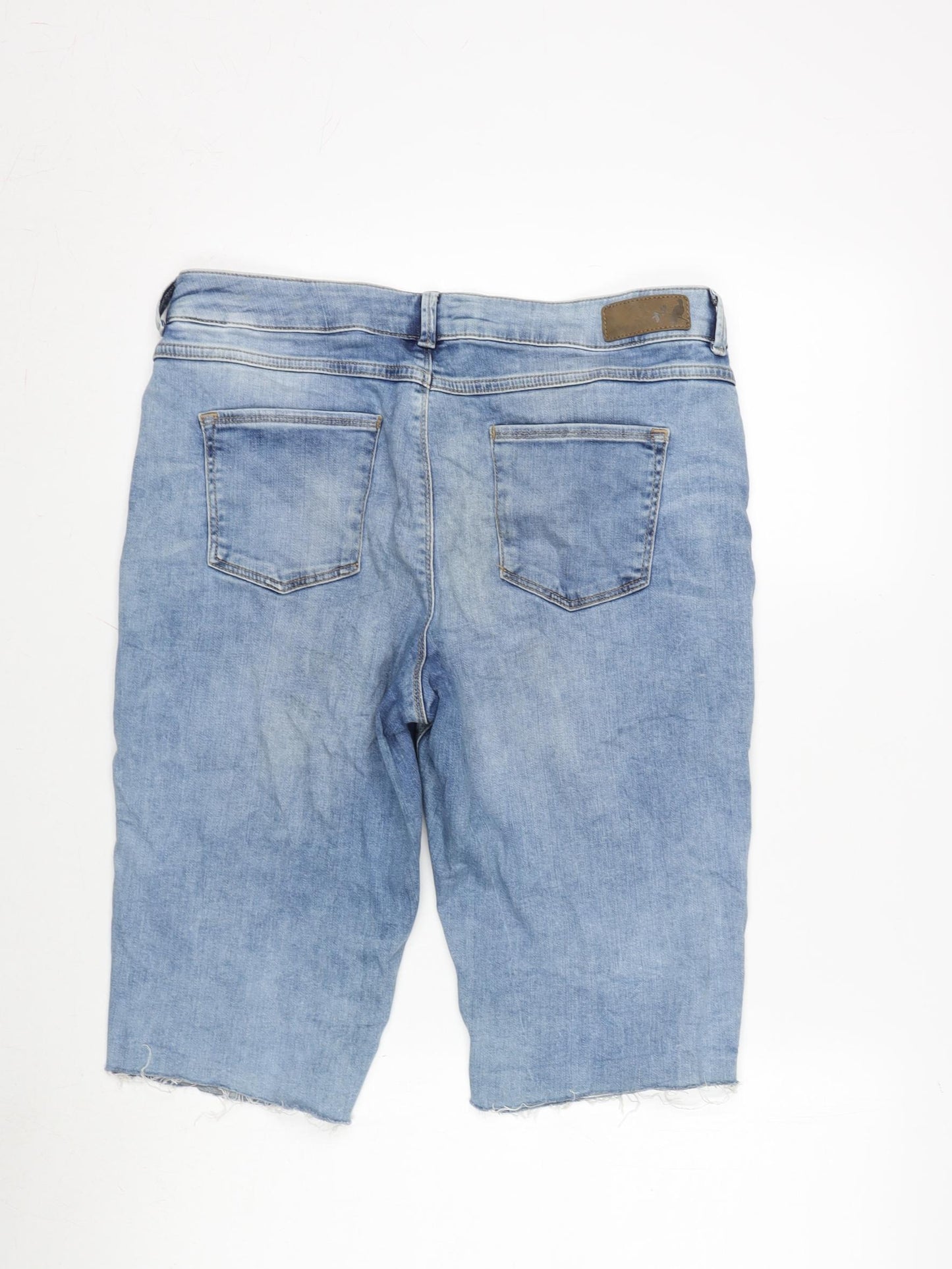 Marks and Spencer Womens Blue Cotton Bermuda Shorts Size 14 L14 in Regular Zip - Raw Hem