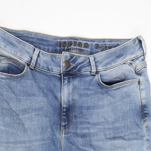 Marks and Spencer Womens Blue Cotton Bermuda Shorts Size 14 L14 in Regular Zip - Raw Hem