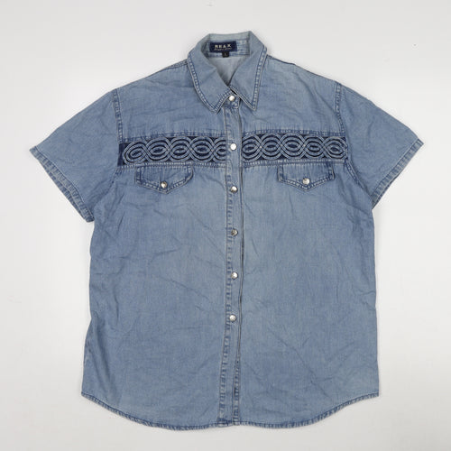 RE&X Womens Blue Cotton Basic Blouse Size L Collared - Detail Front & Back.