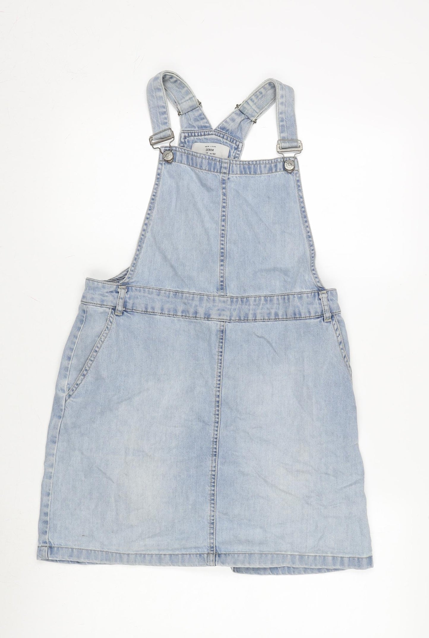New Look Womens Blue Cotton Pinafore/Dungaree Dress Size 12 Scoop Neck Snap