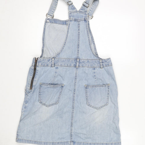 New Look Womens Blue Cotton Pinafore/Dungaree Dress Size 12 Scoop Neck Snap