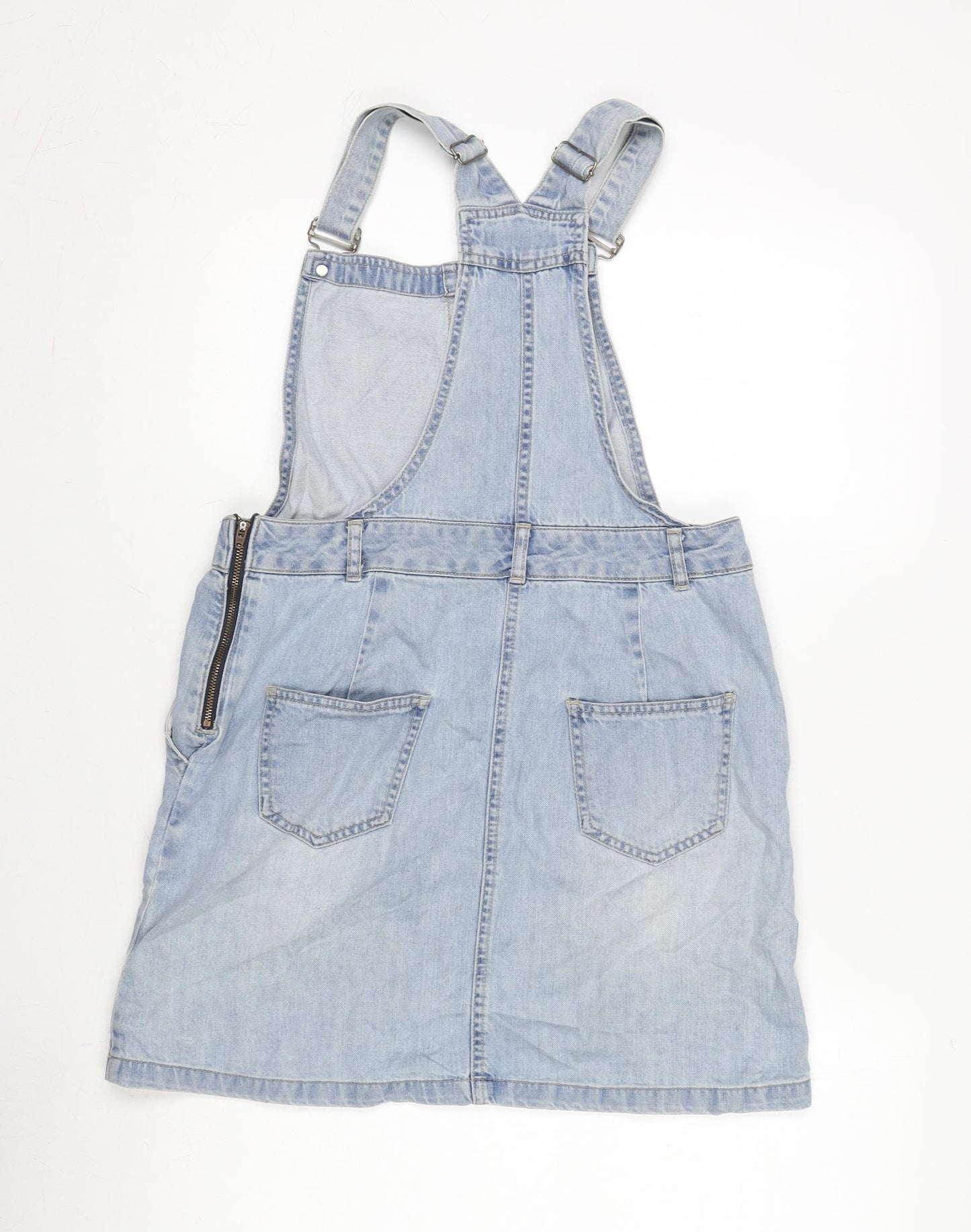 New Look Womens Blue Cotton Pinafore/Dungaree Dress Size 12 Scoop Neck Snap