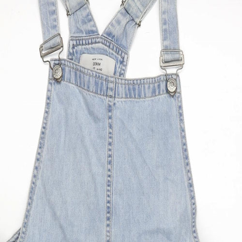 New Look Womens Blue Cotton Pinafore/Dungaree Dress Size 12 Scoop Neck Snap