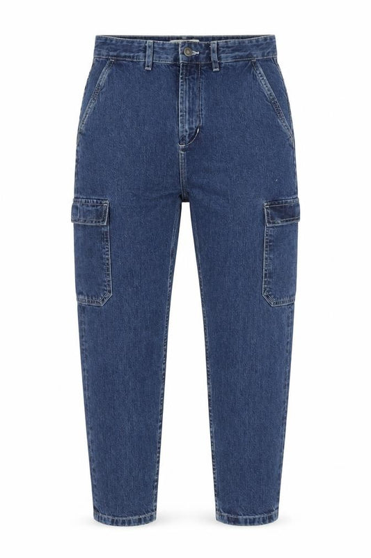 Front view of Pull&Bear women’s blue cotton mom jeans, size UK 10, 25-inch leg relaxed button - pockets