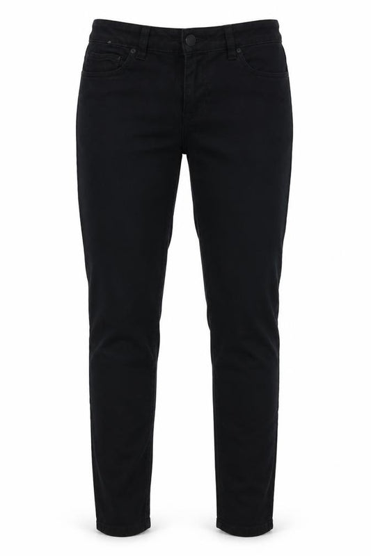 Front view of Next women’s black cotton skinny jeans, size UK 12, 28-inch leg slim button