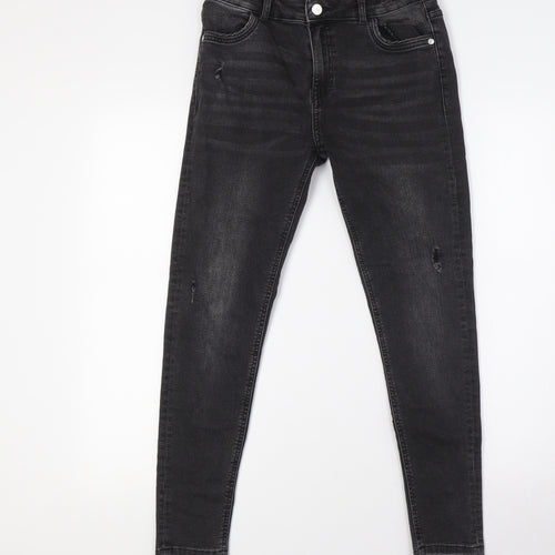 NEXT Girls Black Cotton Skinny Jeans Size 12-13 Years L26 in Slim Button - Destressed