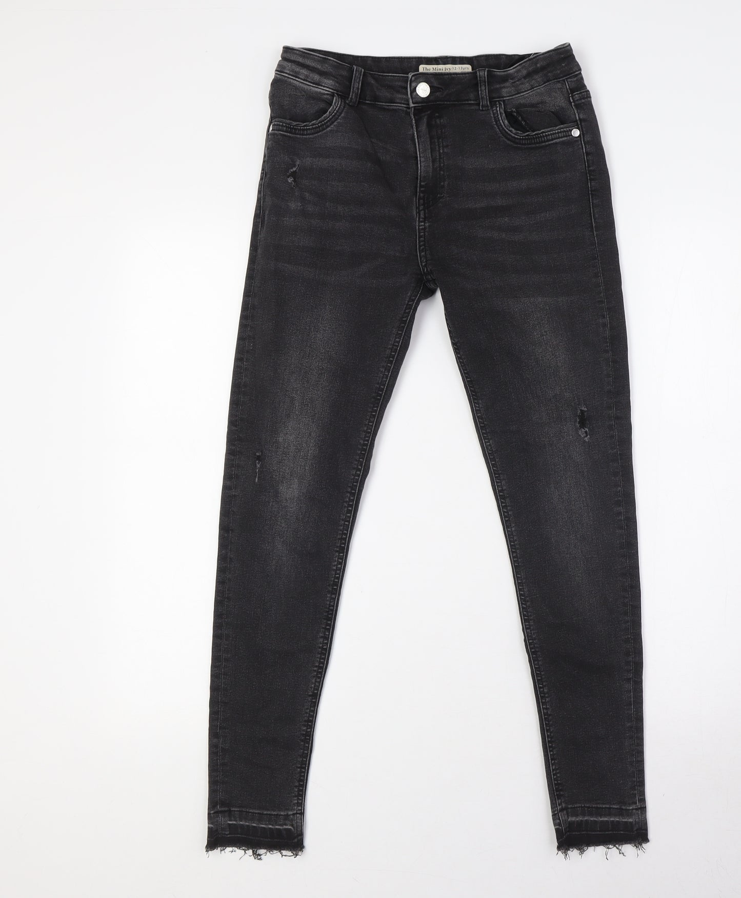 NEXT Girls Black Cotton Skinny Jeans Size 12-13 Years L26 in Slim Button - Destressed