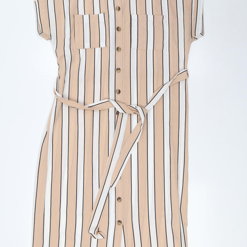 New Look Womens Beige Striped Polyester Shirt Dress Size 12 Collared Button - Belted