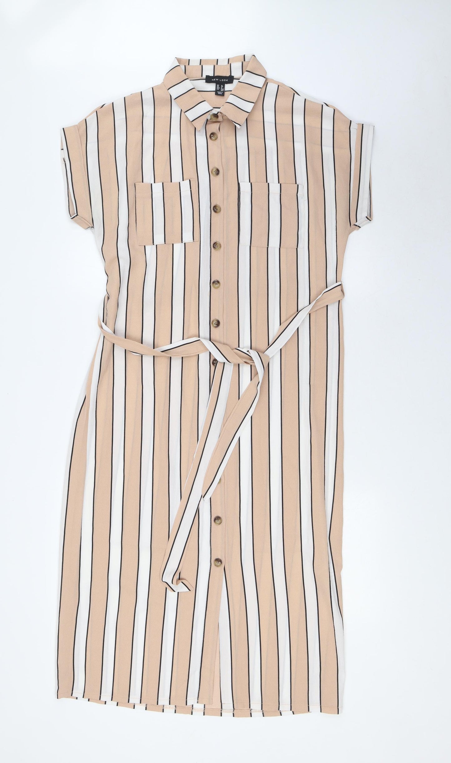 New Look Womens Beige Striped Polyester Shirt Dress Size 12 Collared Button - Belted