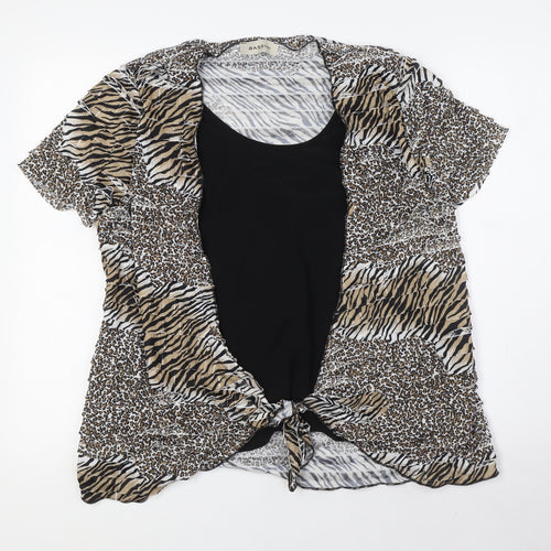 BASSINI Womens Brown Animal Print Polyester Basic Blouse Size L Boat Neck - Tie Front