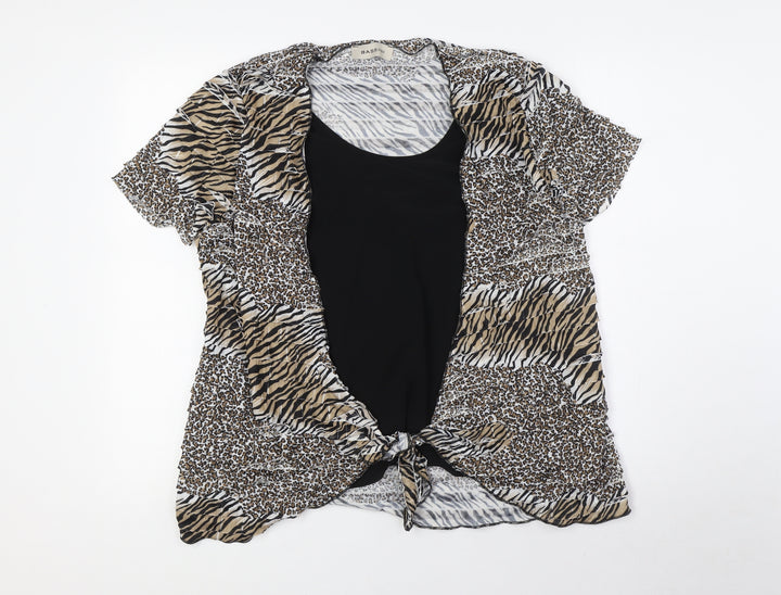 BASSINI Womens Brown Animal Print Polyester Basic Blouse Size L Boat Neck - Tie Front