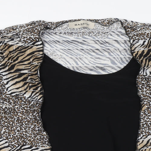 BASSINI Womens Brown Animal Print Polyester Basic Blouse Size L Boat Neck - Tie Front