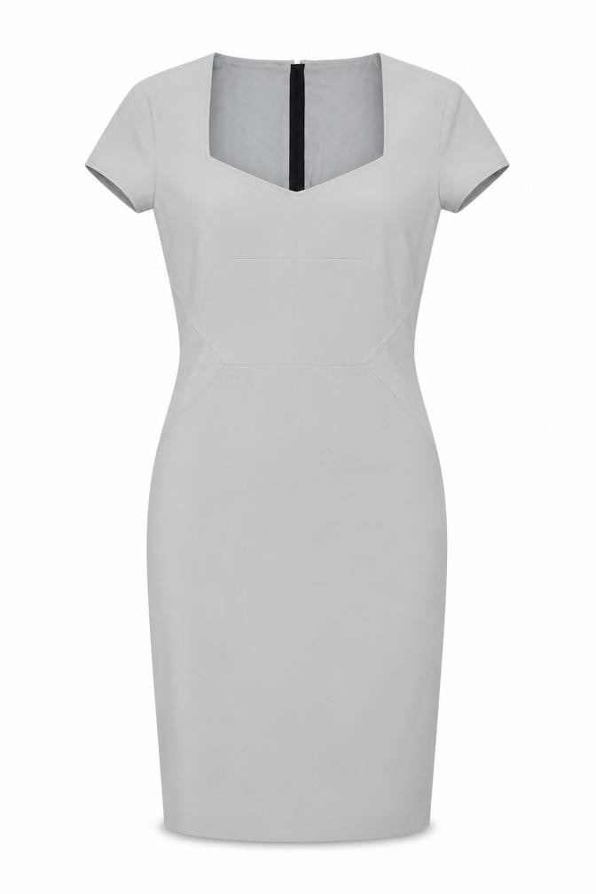 Front view of Nissa women’s grey polyester pencil dress, size UK 10, square neck zip