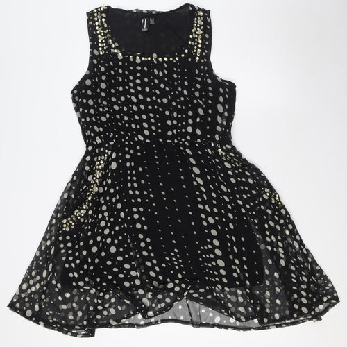 Izabel London Womens Black Polka Dot Polyester A-Line Size 14 Scoop Neck