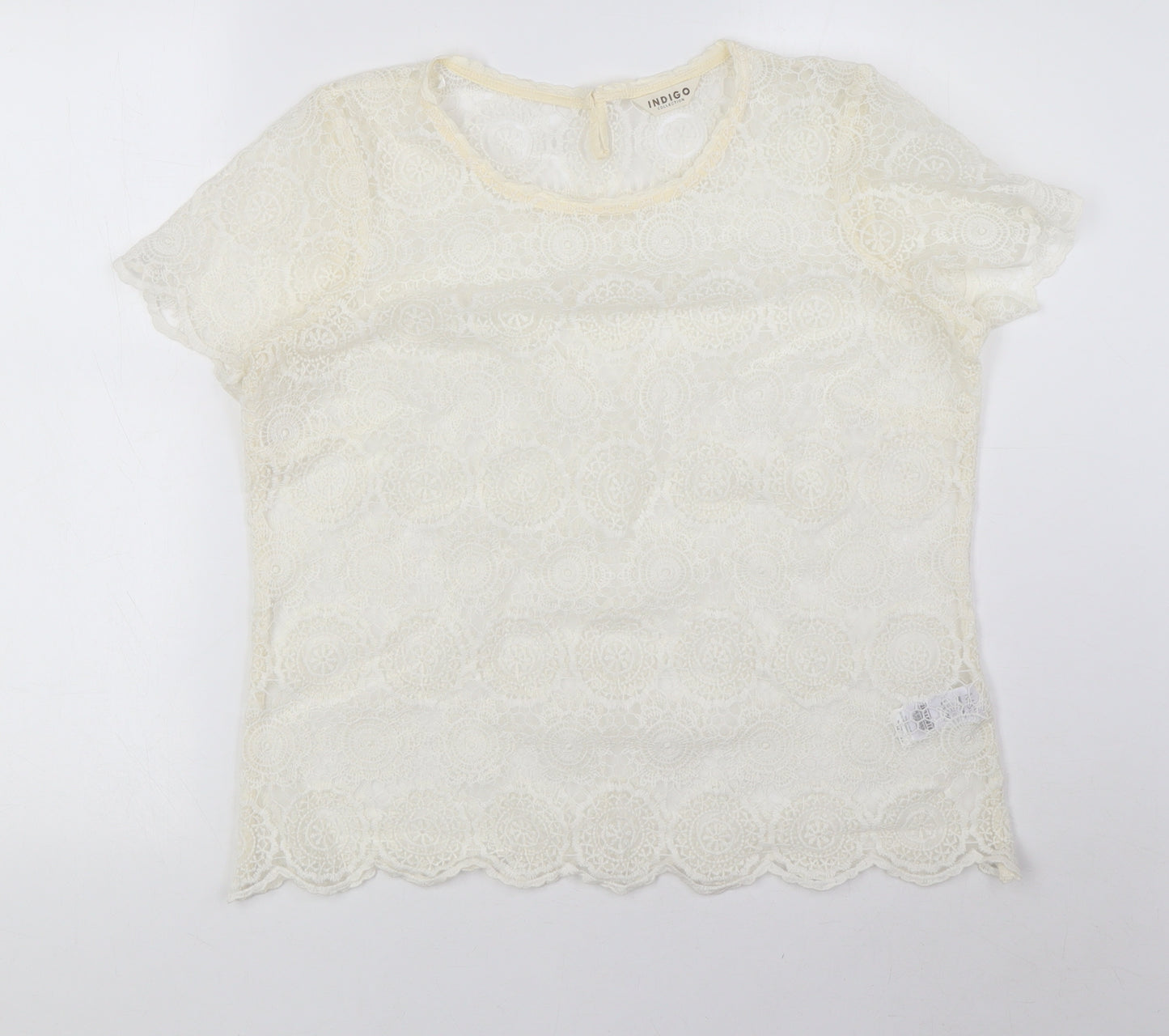 Indigo Womens Ivory Polyamide Basic T-Shirt Size 14 Round Neck - Lace, Sheer