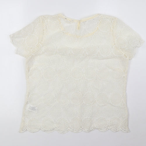 Indigo Womens Ivory Polyamide Basic T-Shirt Size 14 Round Neck - Lace, Sheer