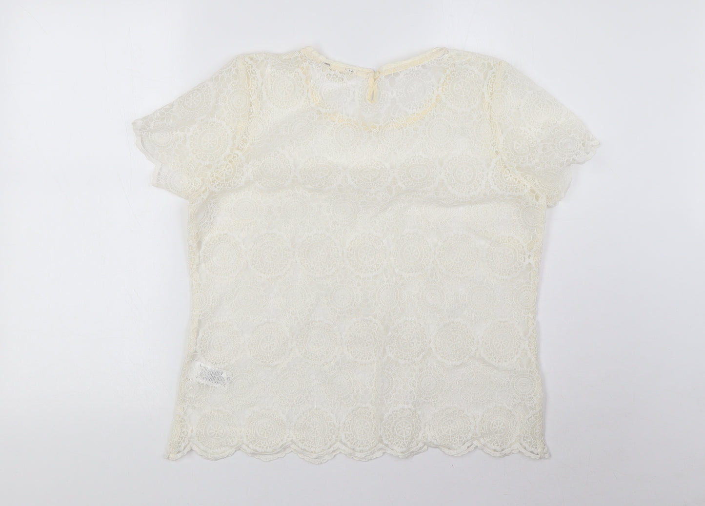 Indigo Womens Ivory Polyamide Basic T-Shirt Size 14 Round Neck - Lace, Sheer