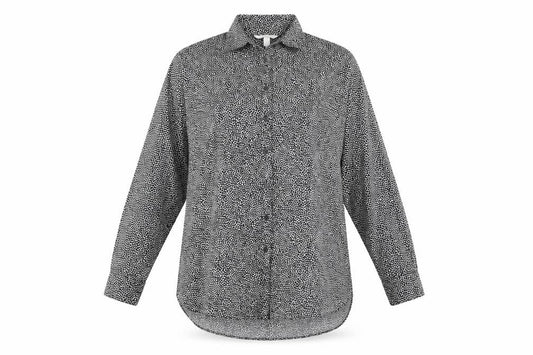 Front view of H&M women’s black animal print polyester basic button-up, size L, collared