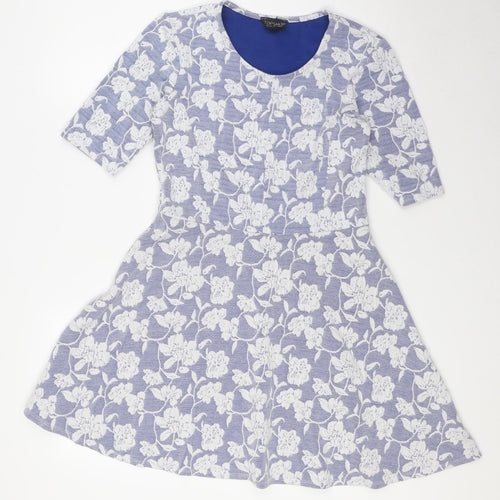 Topshop Womens Blue Floral Polyester A-Line Size 10 Scoop Neck