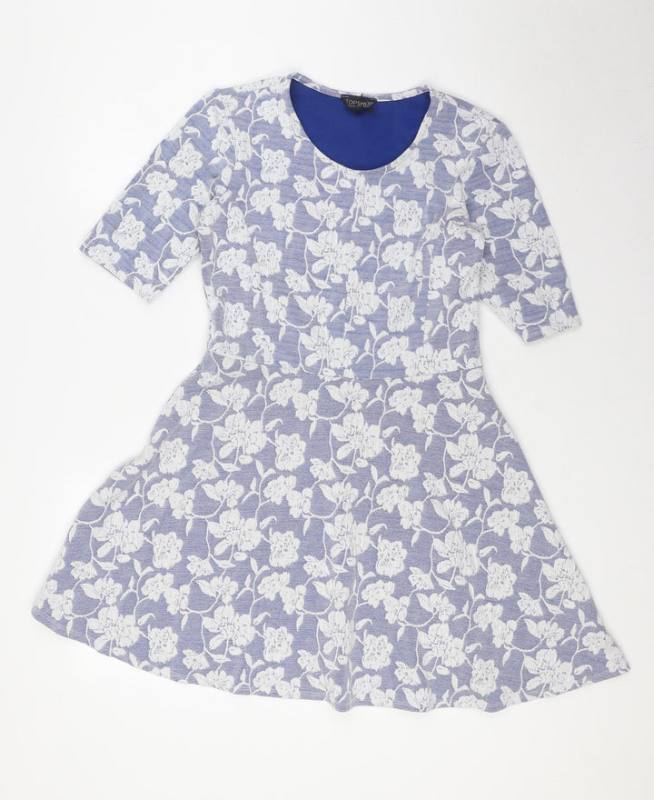 Topshop Womens Blue Floral Polyester A-Line Size 10 Scoop Neck