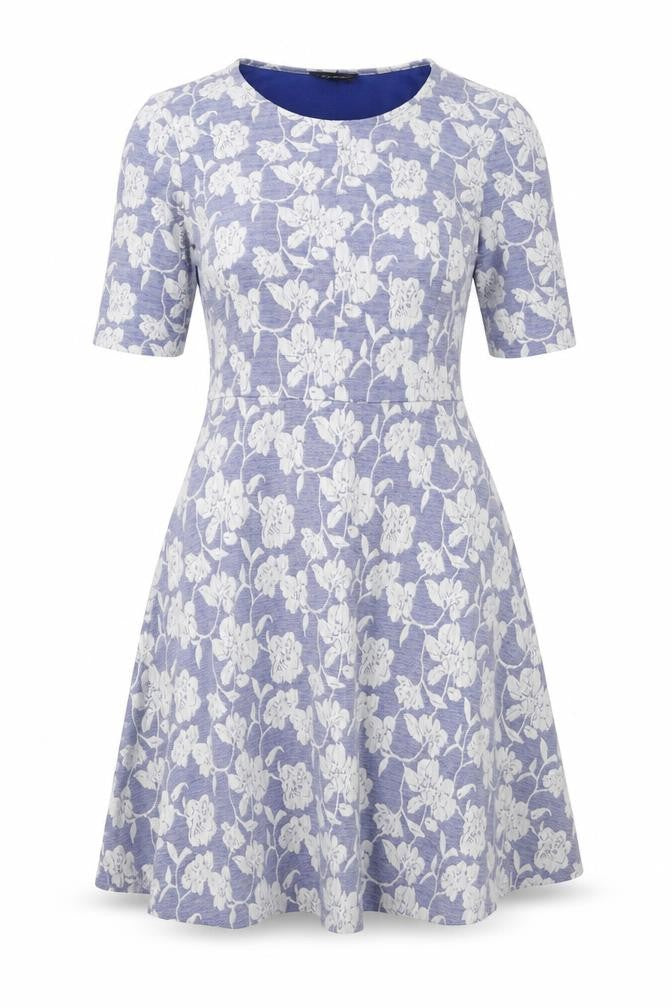 Front view of Topshop women’s blue floral polyester a-line, size UK 10, scoop neck