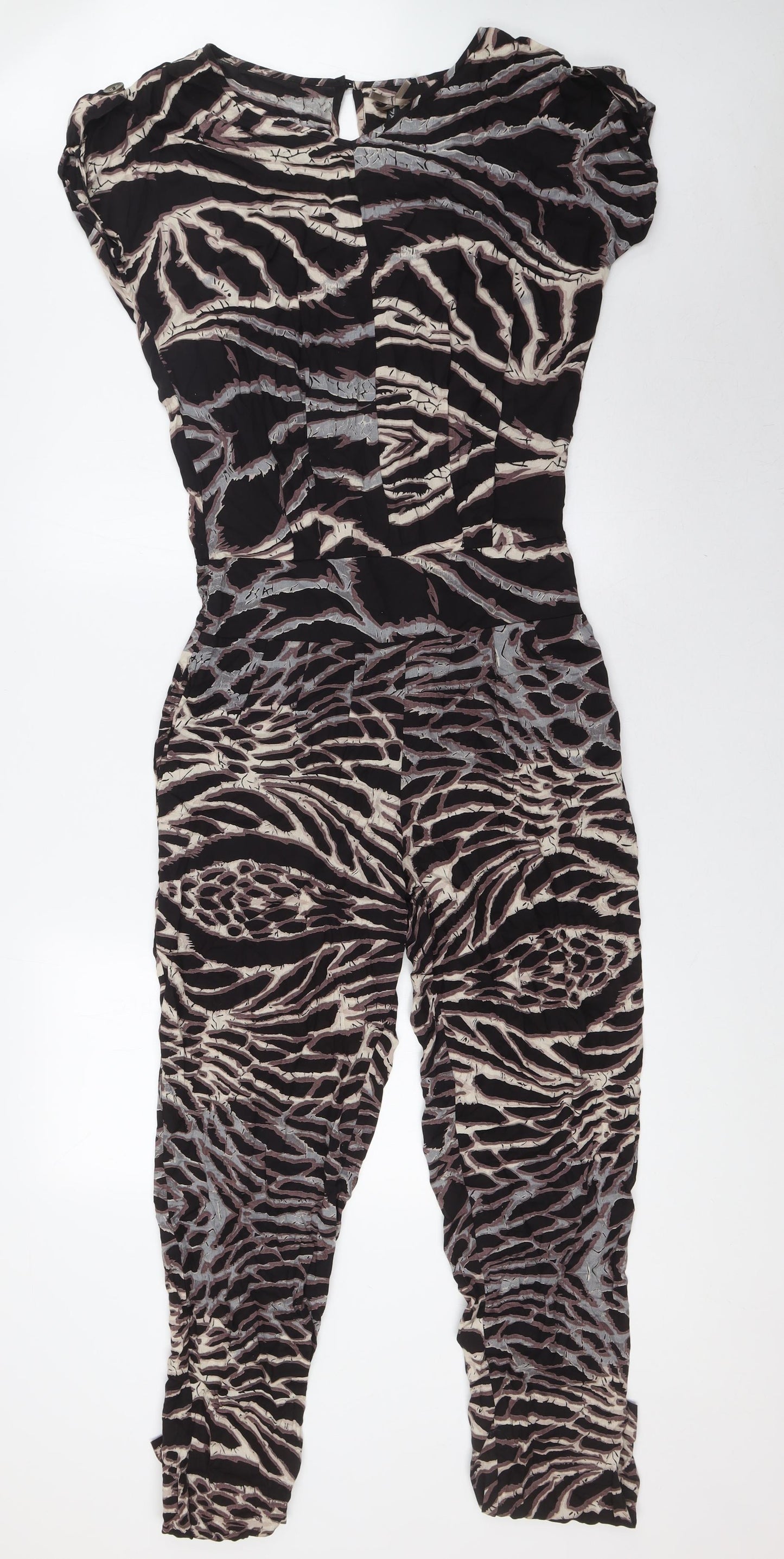 NEXT Womens Black Animal Print Viscose Jumpsuit One-Piece Size 8 L32 in Button - Elasticated Waist