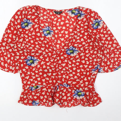 Topshop Womens Red Floral Polyester Basic Blouse Size 6 V-Neck