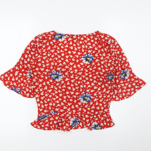 Topshop Womens Red Floral Polyester Basic Blouse Size 6 V-Neck