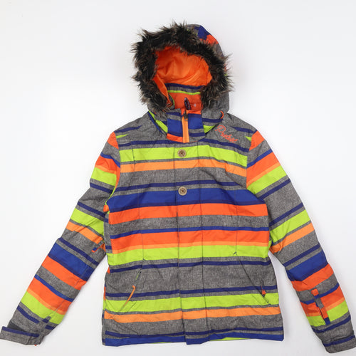 Protest Boys Multicoloured Striped Ski Jacket Jacket Size XS Zip - Fue Fur Hood Trim
