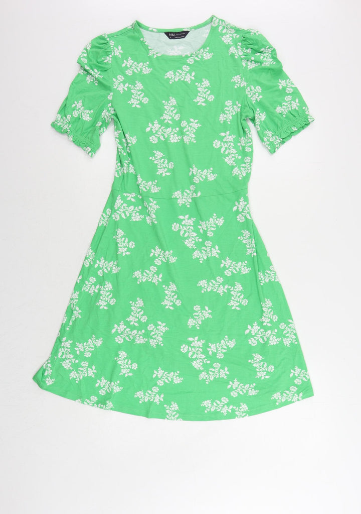 Marks and Spencer Womens Green Floral Viscose T-Shirt Dress Size 8 Crew Neck Pullover