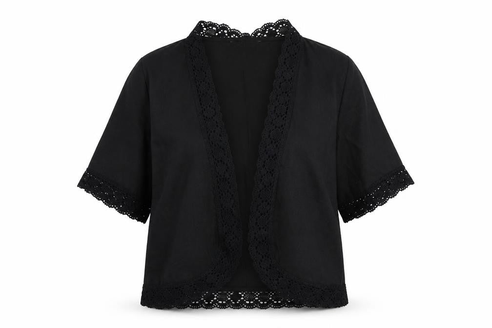 Front view of Wardrobe women’s black linen kimono blouse, size UK 12, v-neck - open